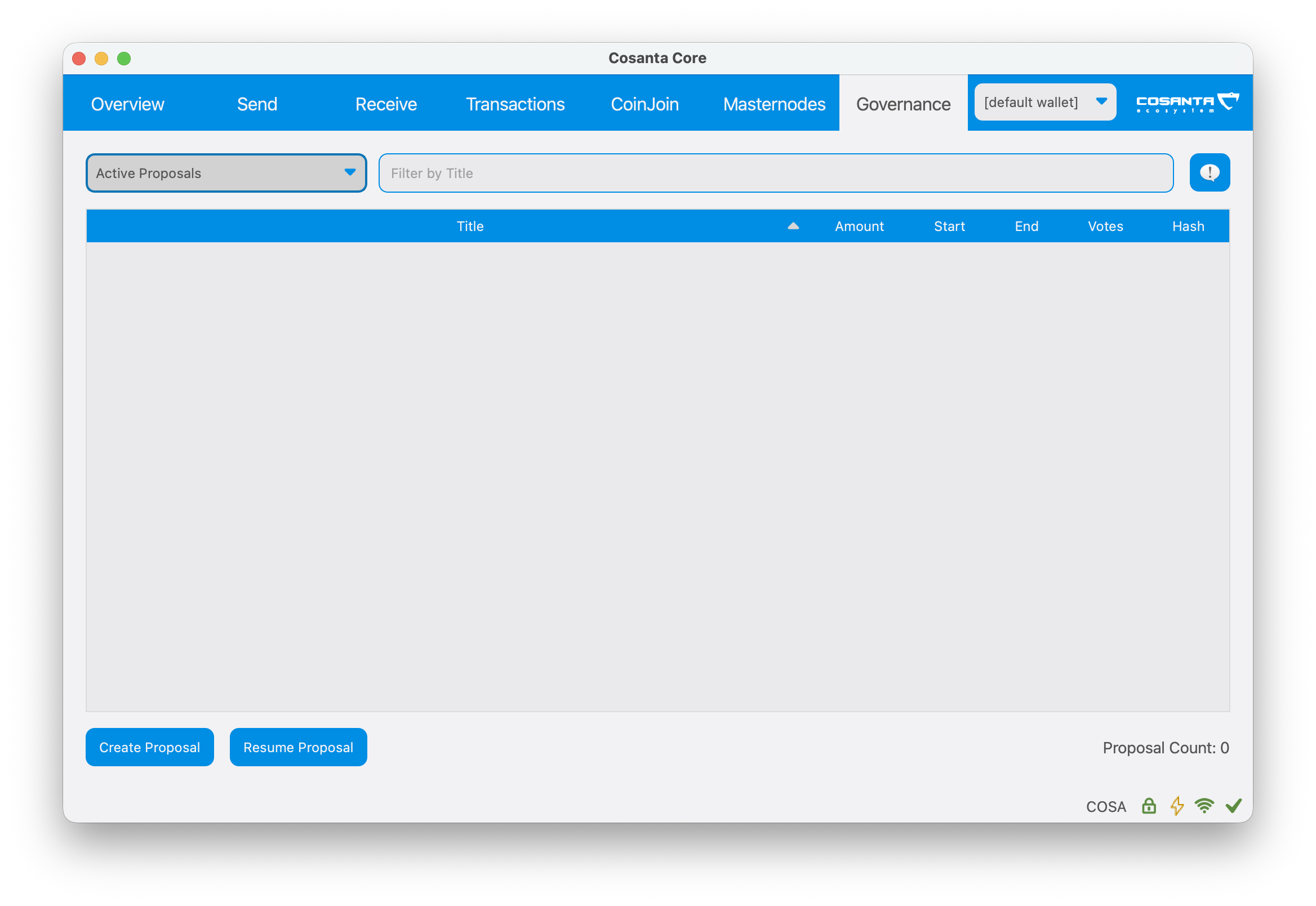 Onglet Governance de Cosanta Core avec le bouton Create Proposal