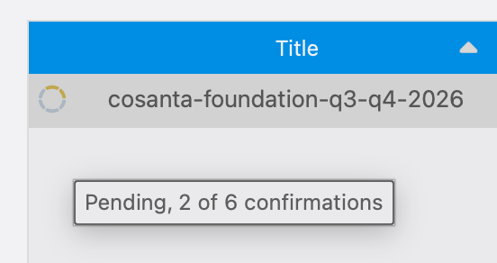 Statut de la proposition : Pending, 2 of 6 confirmations