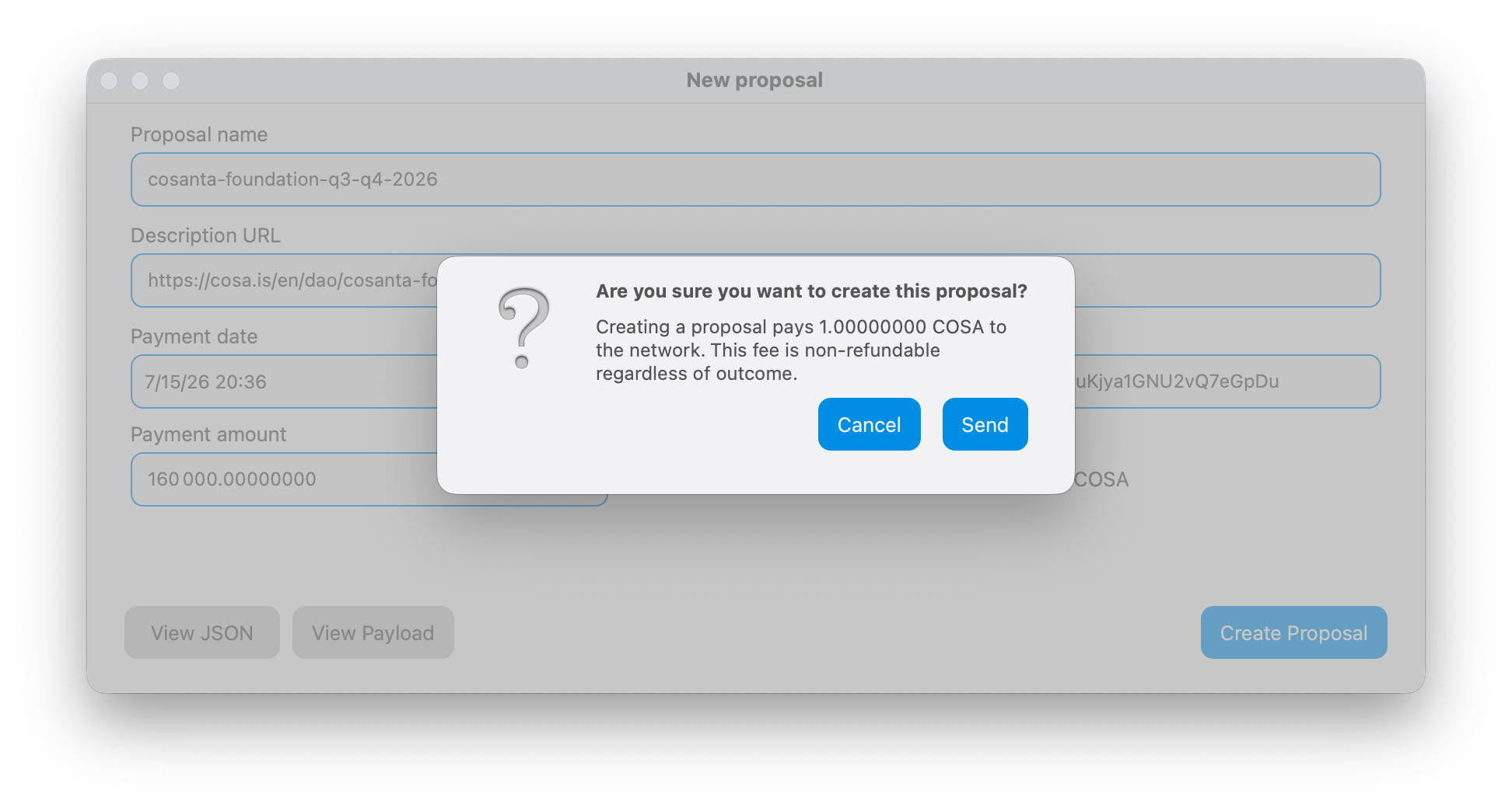 Confirmation des frais non remboursables de 1 COSA pour créer une proposition