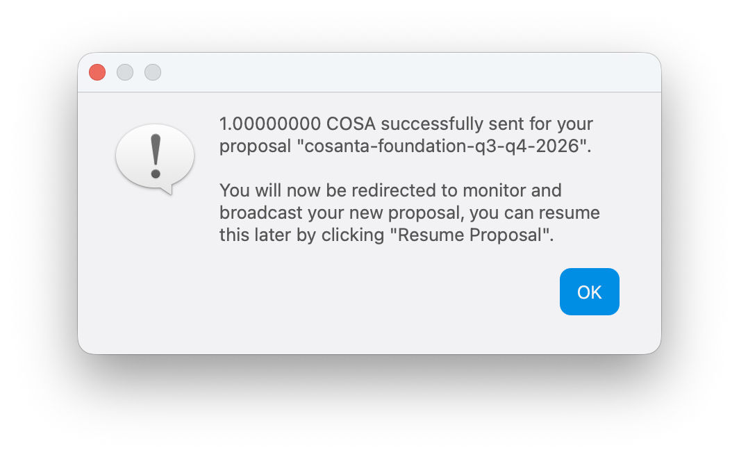 Message confirmant l’envoi réussi de 1 COSA pour la proposition