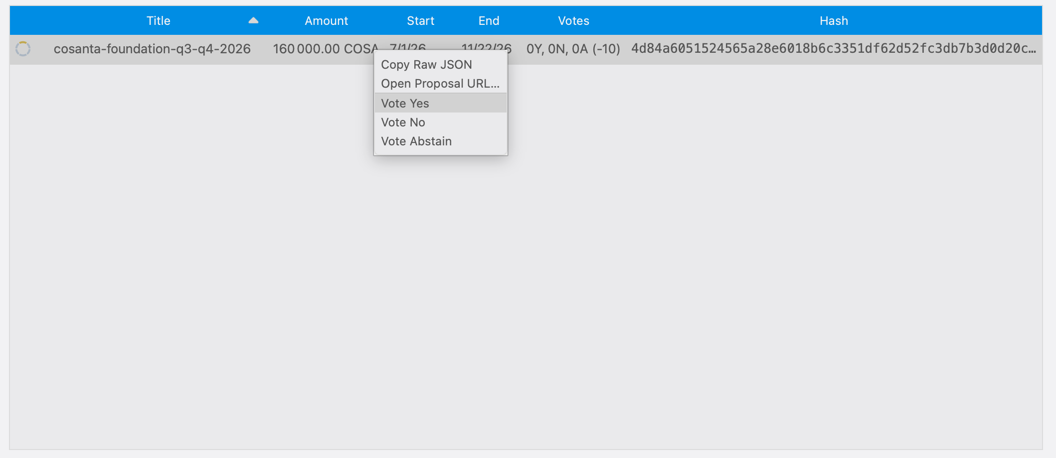 Menu contextuel avec Vote Yes, Vote No et Vote Abstain